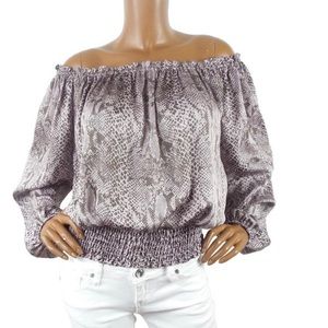 MICHAEL KORS Top L Pink Print Off The Shoulder Blouse Cropped Shirt Lightweight